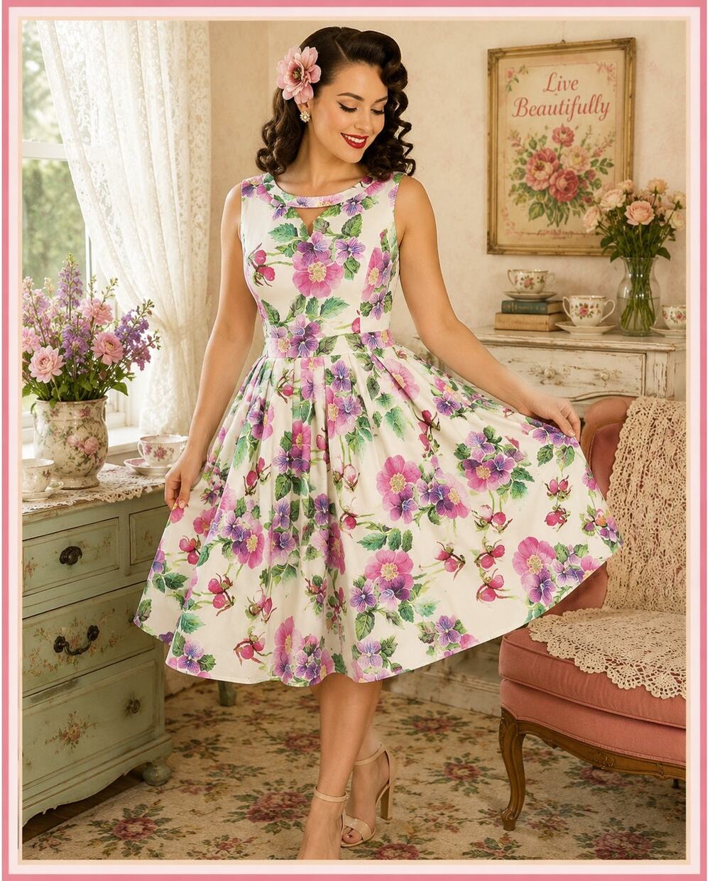Miss Lulo Floral Fit Flare Dress L Retro Pinup Cottagecore Garden Party Feminine
